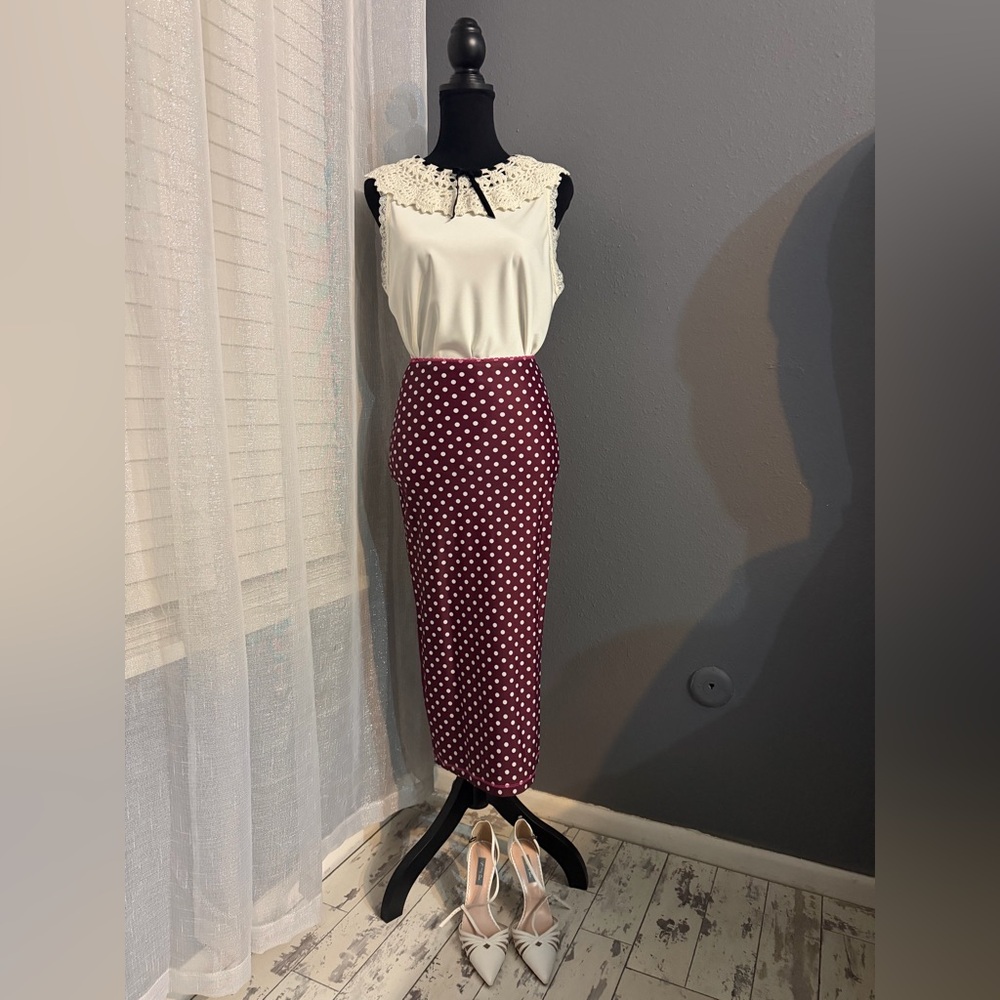 SOLD Rouje Paris Burgundy and White Polka Dot Pencil Midi Skirt Size 36
